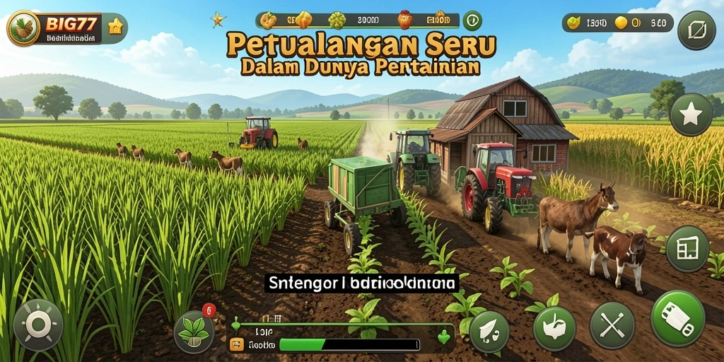 Screenshot utama BIG77 menunjukkan pemain sedang merawat ladang hijau.