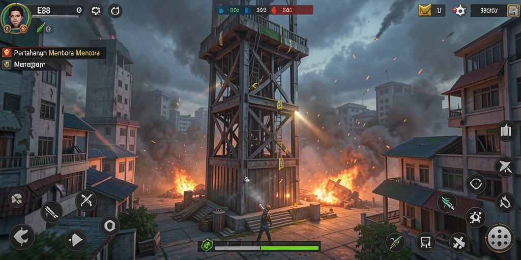 Tampilan gameplay E88 yang menegangkan dalam pertahanan menara.
