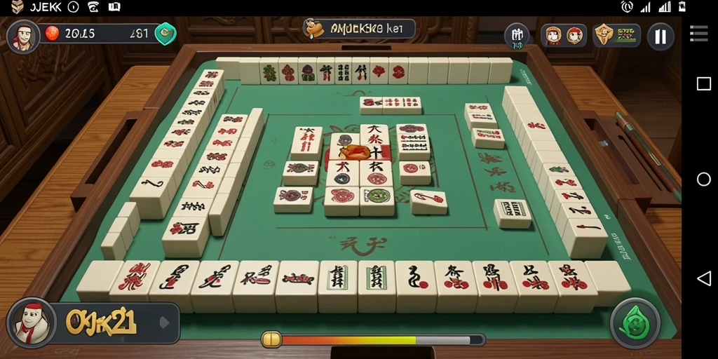 Screenshot gameplay OKJEK21 menunjukkan suasana permainan Mahjong yang seru.