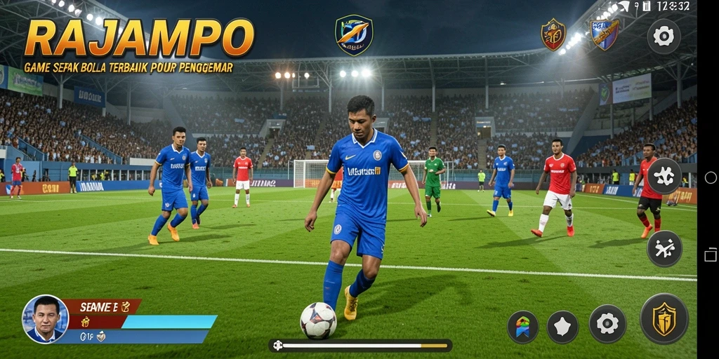Tangkapan layar utama RAJAMPO menampilkan aksi seru di lapangan sepak bola.