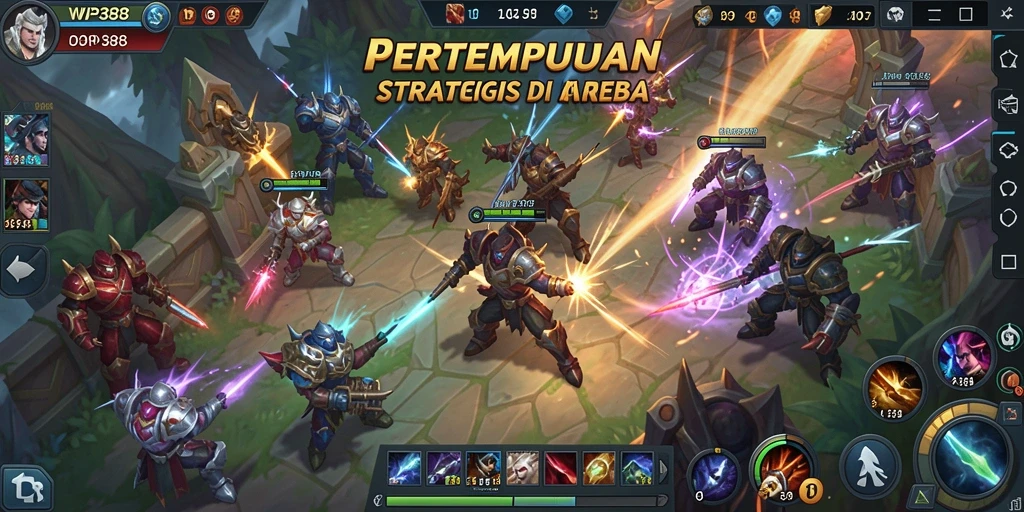 Gameplay MOBA intense di WP888 dengan hero yang beragam.